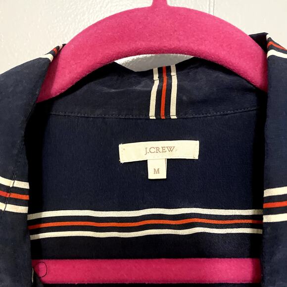 J. Crew Navy Striped Silk Popover Long Sleeve Classic Coastal Minimalist Top M - Picture 3 of 6